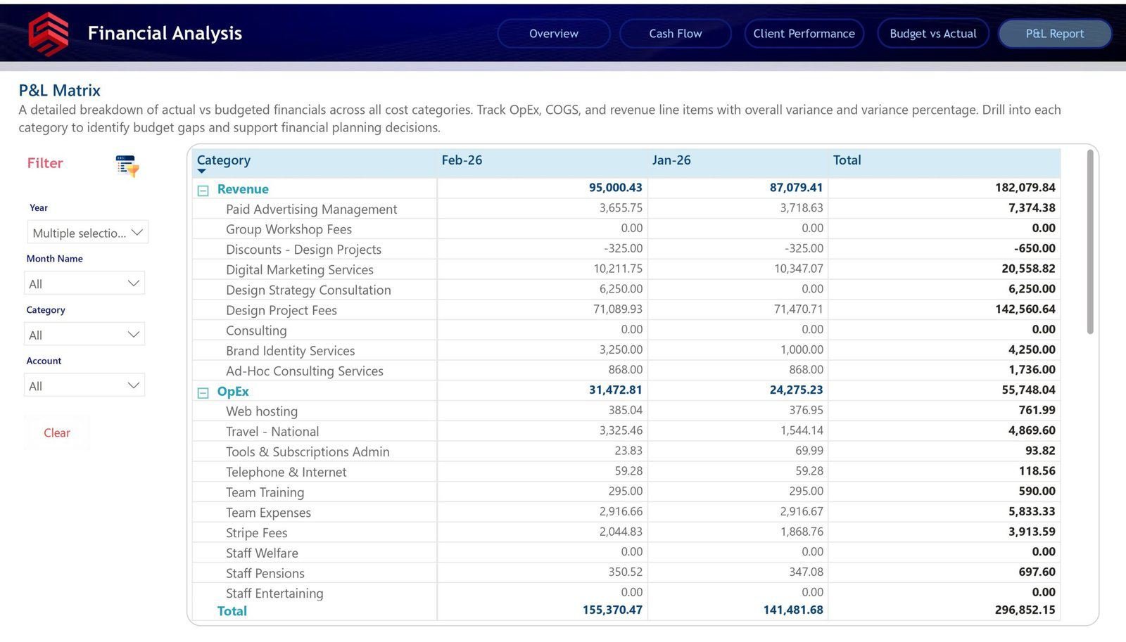 P&L matrix dashboard with detailed revenue and expense line items